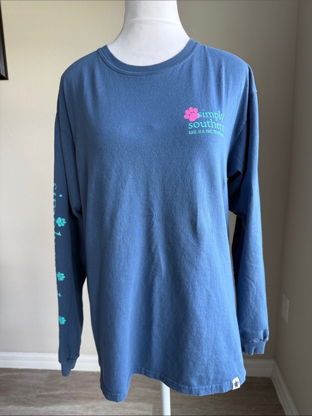 Simply Southern Dusty Blue Long Sleeve Tee with Pink & Teal Logo